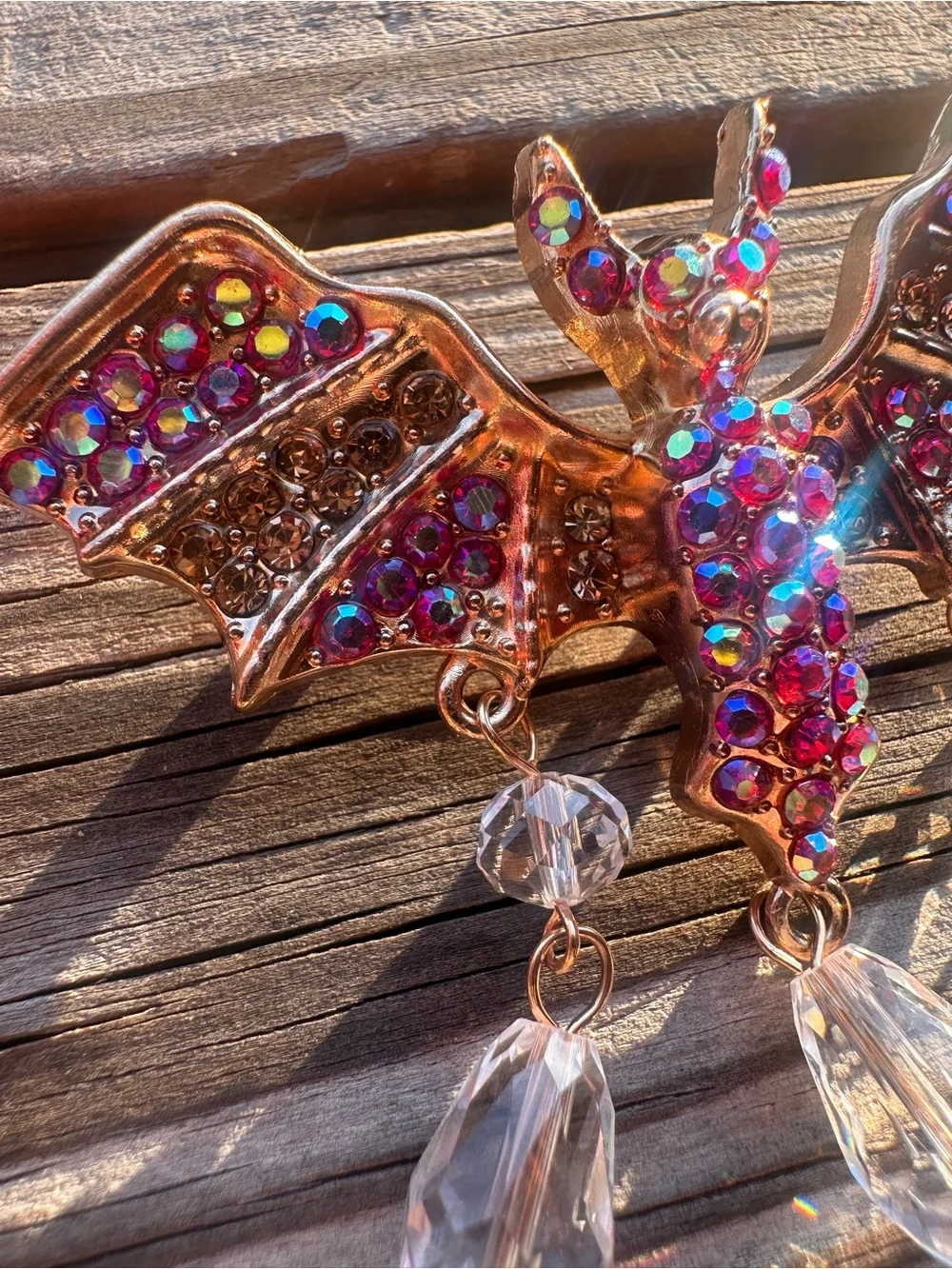 Gothic Bat Crystal Brooch Pin in Iridescent Red